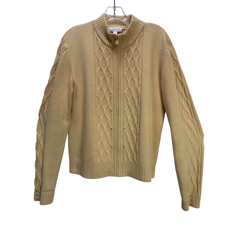 St John Sport Sweater M Butter Yellow/Tan 100% Cashmere Zip Cable Knit EUC Golf